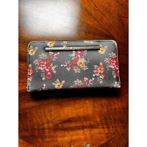 Steve Madden Floral Print Zip Around Wallet‎ Black Multi Card Holder Clutch